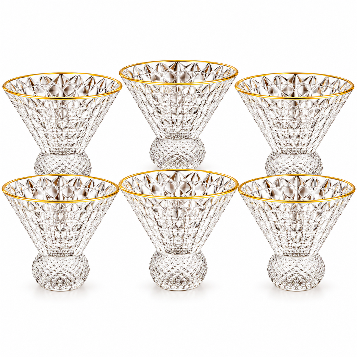 Pack Of 6 Luxury Diamond Cut Crystal Glass Dessert Cups with Gold Rim