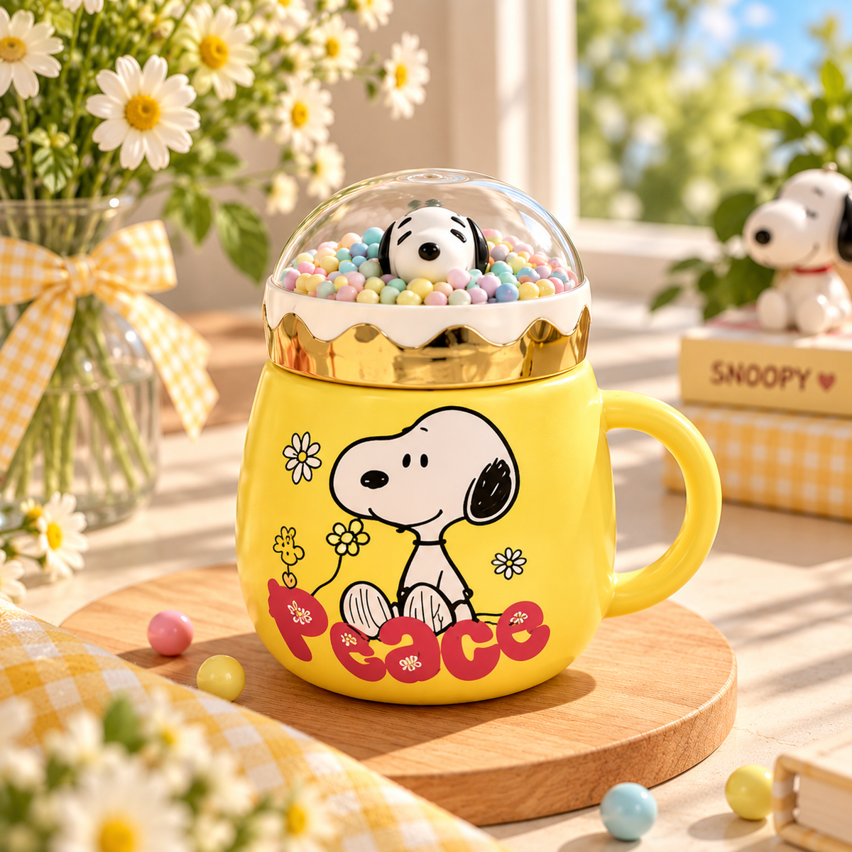 Cute Snoopy Ceramic Mug with 3D Snow Globe Lid