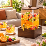 Luxury Ribbed Glass Beverage Dispenser with Wooden Lid, Gold Tap & Wooden Stand 4.2L