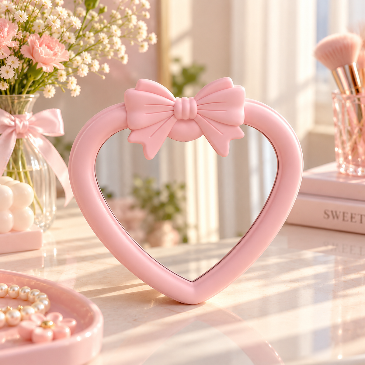 Cute Heart-Shaped Vanity Mirror with 3D Bow