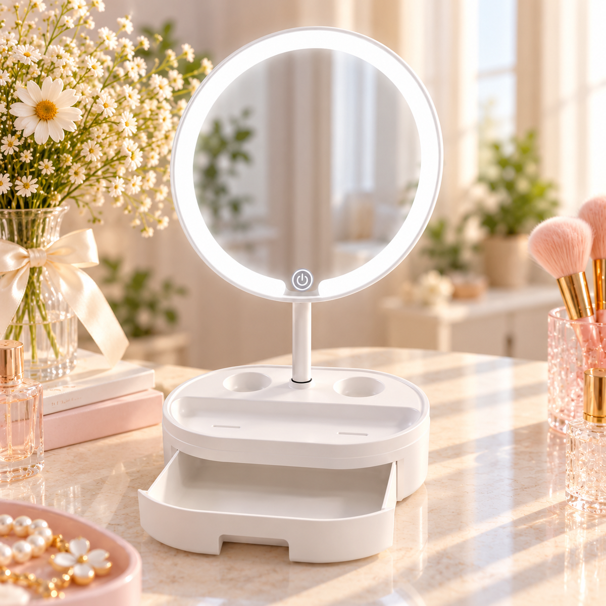 LED Lighted Makeup Vanity Mirror with Storage Drawer & Organizer