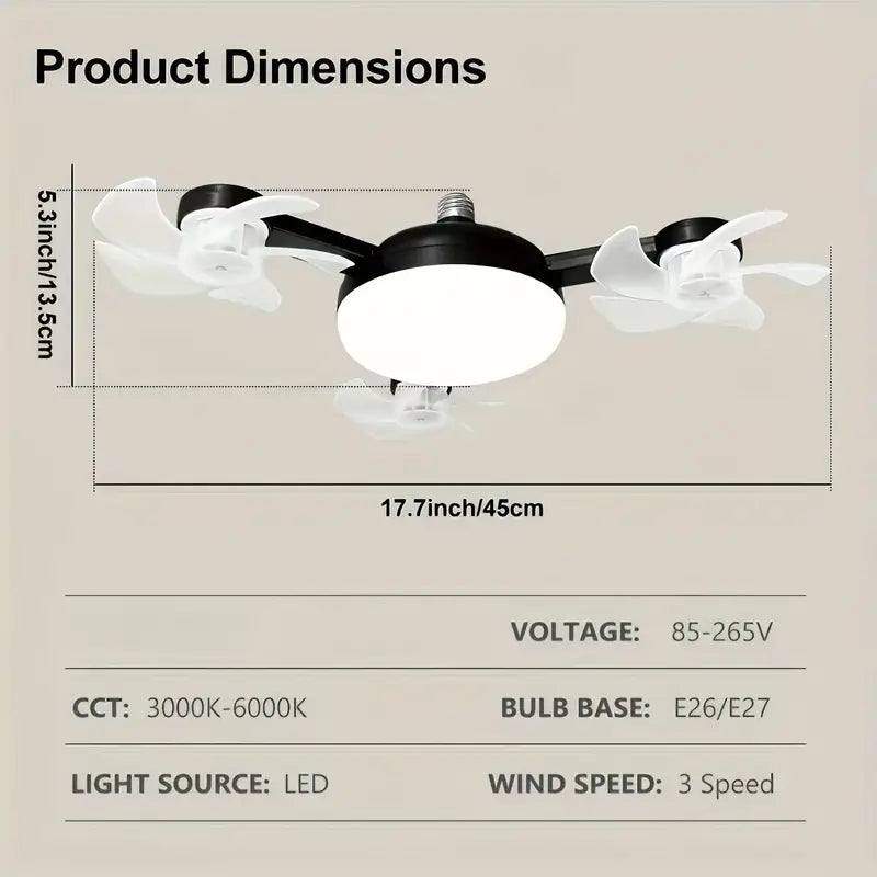 Modern LED Ceiling Fan Light with 4 Small Blades 3 Speeds, 3000K 6000K Adjustable