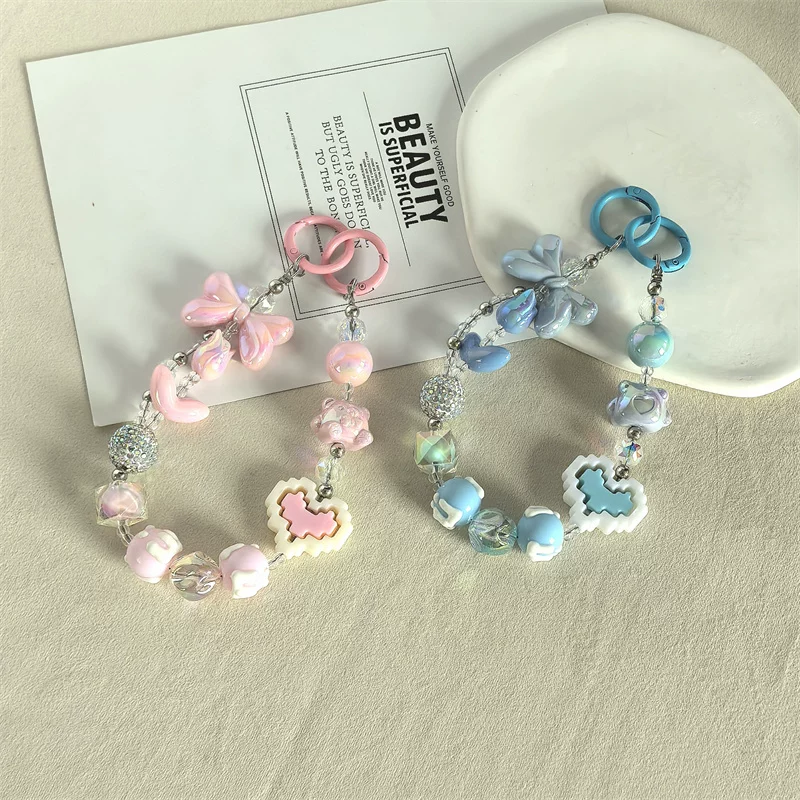 Kawaii Beaded Phone Charm Wrist Strap Cute Butterfly Bear & Heart Bracelet Lanyard for Phone Keys & Bags SparkelsSparkels