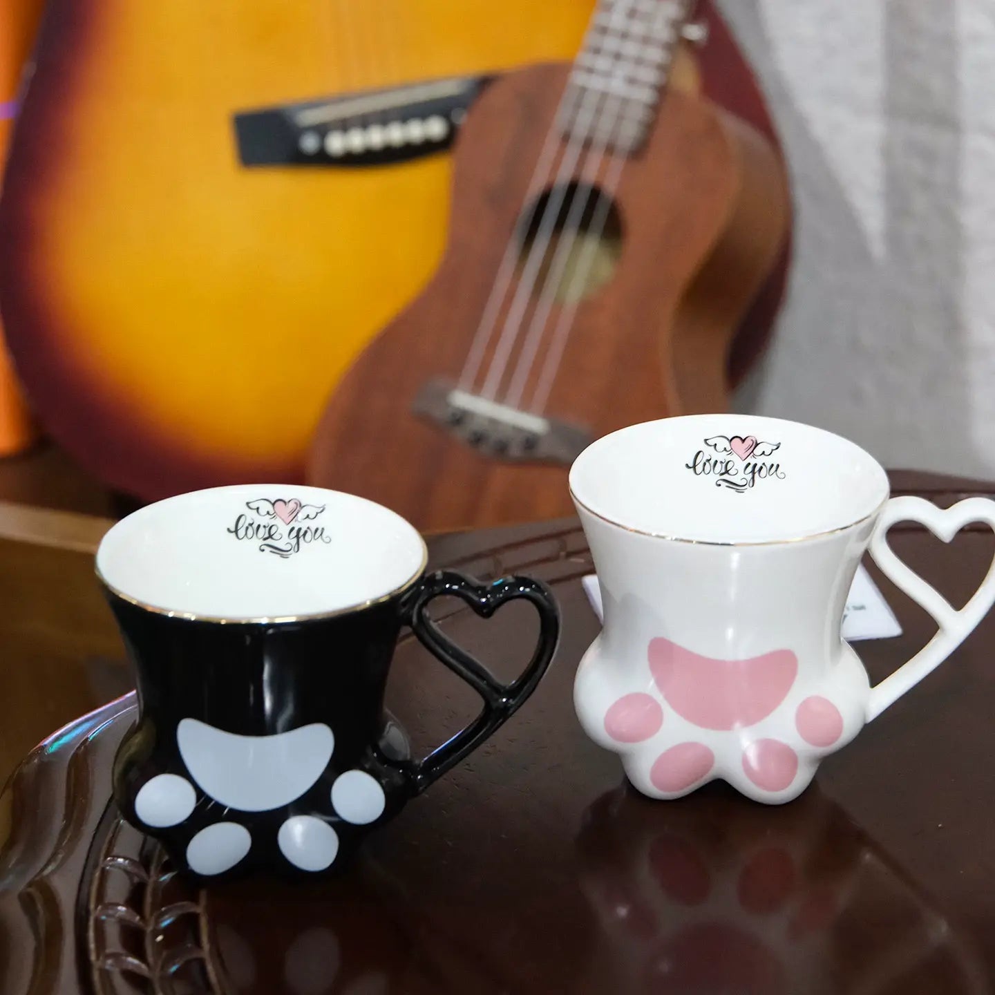 Cute Cat Paw Ceramic Mug with Heart Handle & Star Spoon Kawaii Coffee & Milk Cup Gift SparkelsSparkels