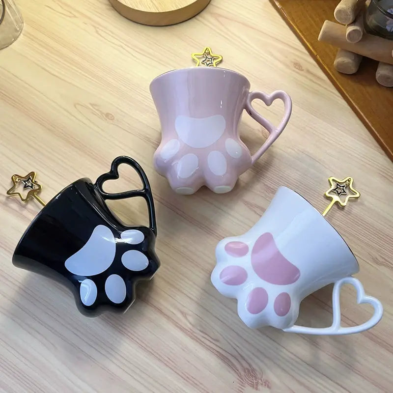 Cute Cat Paw Ceramic Mug with Heart Handle & Star Spoon Kawaii Coffee & Milk Cup Gift SparkelsSparkels