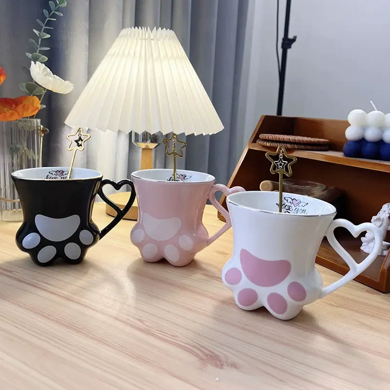 Cute Cat Paw Ceramic Mug with Heart Handle & Star Spoon Kawaii Coffee & Milk Cup Gift SparkelsSparkels