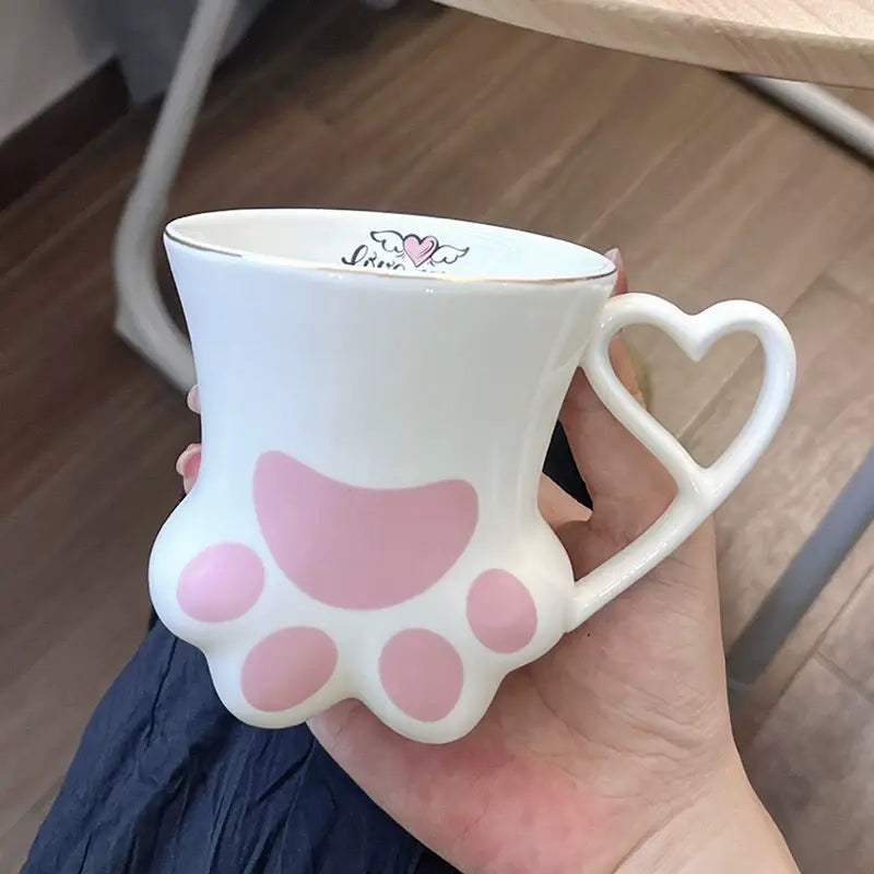 Cute Cat Paw Ceramic Mug with Heart Handle & Star Spoon Kawaii Coffee & Milk Cup Gift SparkelsSparkels