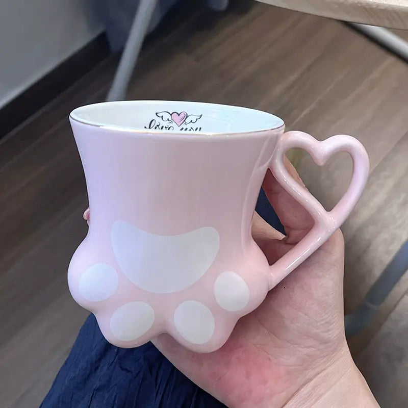 Cute Cat Paw Ceramic Mug with Heart Handle & Star Spoon Kawaii Coffee & Milk Cup Gift SparkelsSparkels
