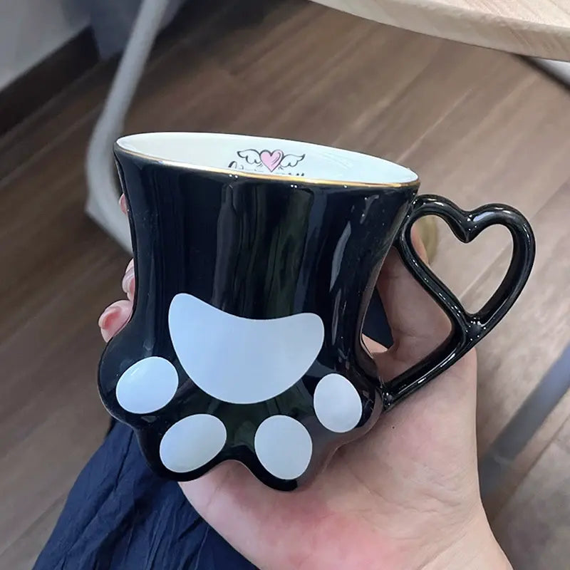 Cute Cat Paw Ceramic Mug with Heart Handle & Star Spoon Kawaii Coffee & Milk Cup Gift SparkelsSparkels