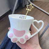 Cute Cat Paw Ceramic Mug with Heart Handle & Star Spoon Kawaii Coffee & Milk Cup Gift SparkelsSparkels