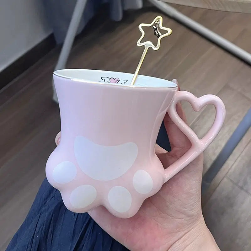 Cute Cat Paw Ceramic Mug with Heart Handle & Star Spoon Kawaii Coffee & Milk Cup Gift SparkelsSparkels