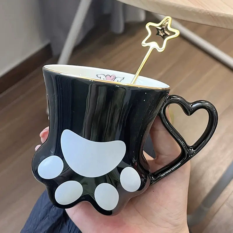 Cute Cat Paw Ceramic Mug with Heart Handle & Star Spoon Kawaii Coffee & Milk Cup Gift SparkelsSparkels