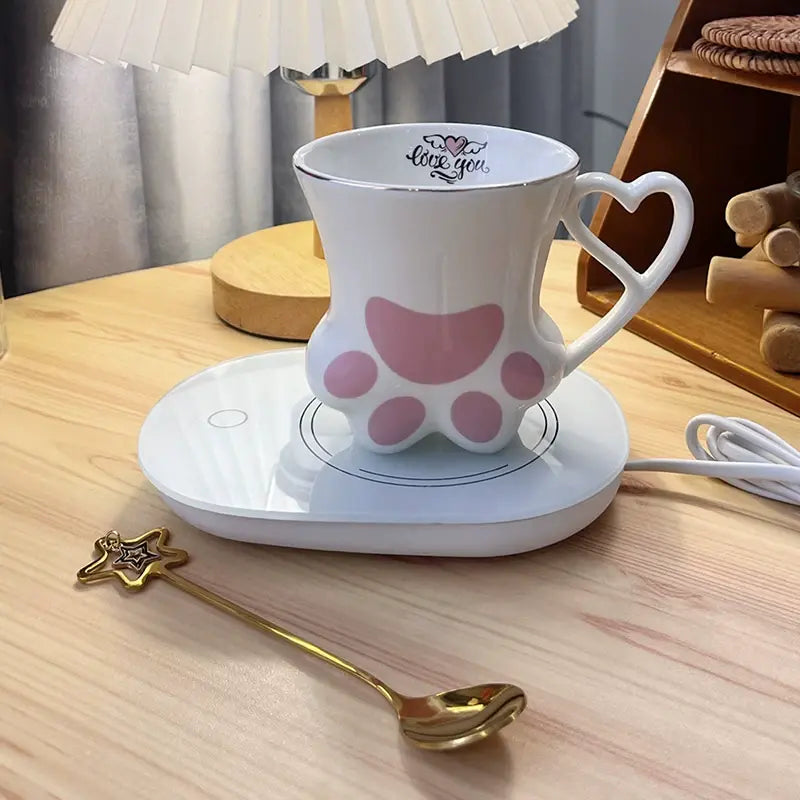 Cute Cat Paw Ceramic Mug with Heart Handle & Star Spoon Kawaii Coffee & Milk Cup Gift SparkelsSparkels
