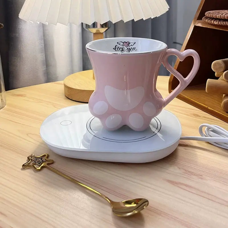 Cute Cat Paw Ceramic Mug with Heart Handle & Star Spoon Kawaii Coffee & Milk Cup Gift SparkelsSparkels
