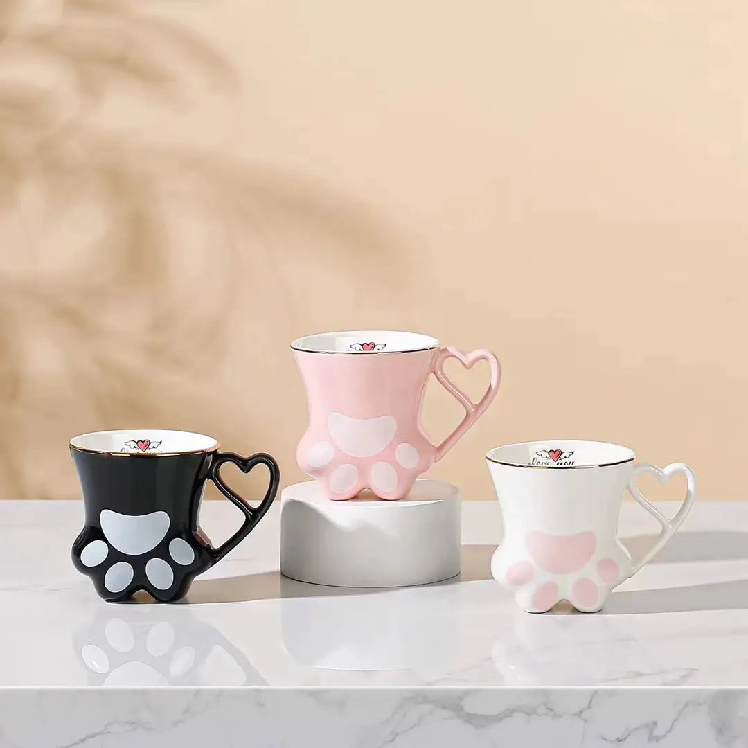 Cute Cat Paw Ceramic Mug with Heart Handle & Star Spoon Kawaii Coffee & Milk Cup Gift SparkelsSparkels