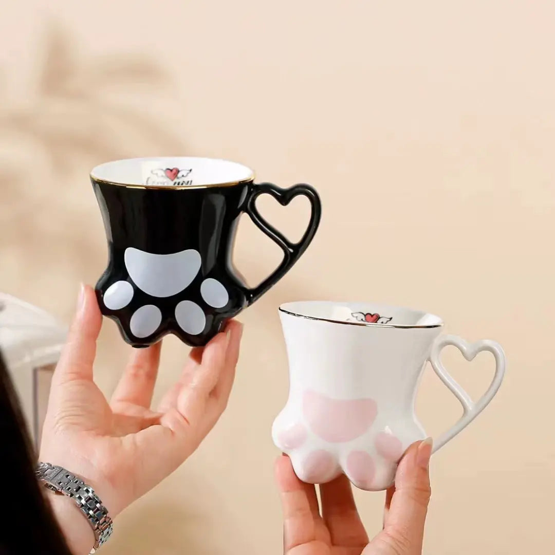 Cute Cat Paw Ceramic Mug with Heart Handle & Star Spoon Kawaii Coffee & Milk Cup Gift SparkelsSparkels