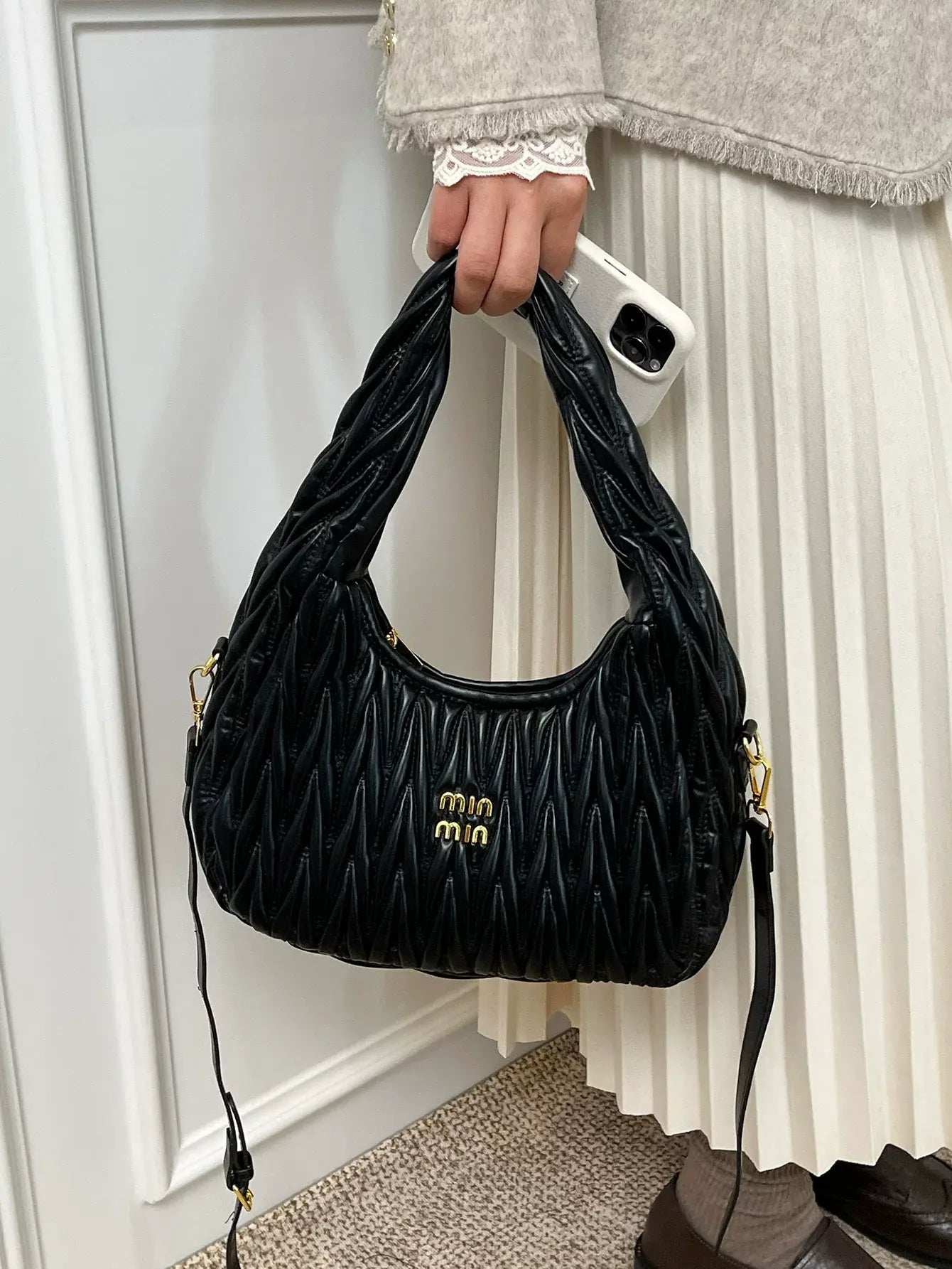 MinMin Quilted Hobo Shoulder BagSoft PU Leather Trendy Handbag for Women Crossbody & Tote Purse SparkelsSparkels