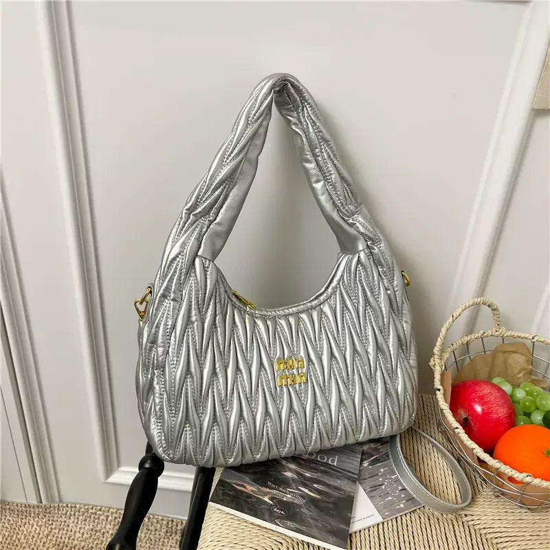 MinMin Quilted Hobo Shoulder BagSoft PU Leather Trendy Handbag for Women Crossbody & Tote Purse SparkelsSparkels