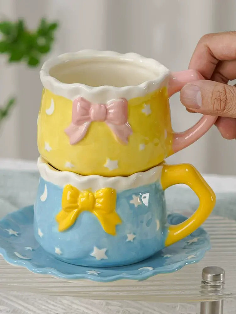 Kawaii Bow Ceramic Cup & Saucer SetCute Pastel Coffee & Tea Mug Star & Moon Design SparkelsSparkels