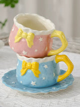 Kawaii Bow Ceramic Cup & Saucer SetCute Pastel Coffee & Tea Mug Star & Moon Design SparkelsSparkels