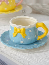 Kawaii Bow Ceramic Cup & Saucer SetCute Pastel Coffee & Tea Mug Star & Moon Design SparkelsSparkels