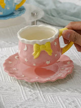 Kawaii Bow Ceramic Cup & Saucer SetCute Pastel Coffee & Tea Mug Star & Moon Design SparkelsSparkels