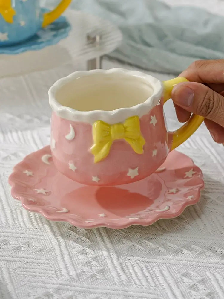 Kawaii Bow Ceramic Cup & Saucer SetCute Pastel Coffee & Tea Mug Star & Moon Design SparkelsSparkels