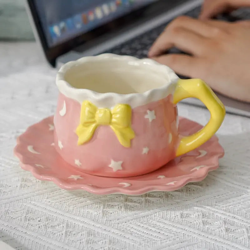 Kawaii Bow Ceramic Cup & Saucer SetCute Pastel Coffee & Tea Mug Star & Moon Design SparkelsSparkels