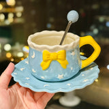Kawaii Bow Ceramic Cup & Saucer SetCute Pastel Coffee & Tea Mug Star & Moon Design SparkelsSparkels