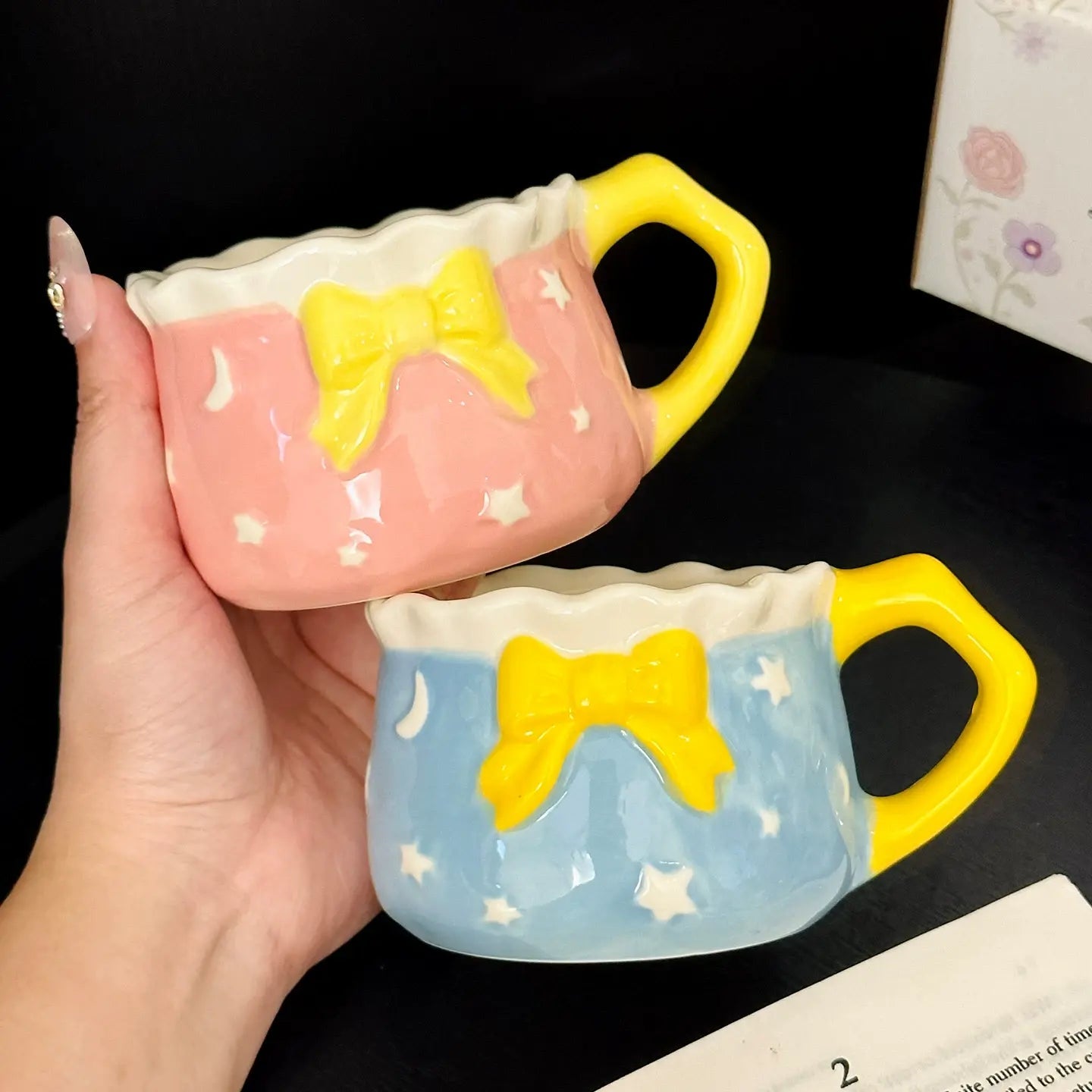 Kawaii Bow Ceramic Cup & Saucer SetCute Pastel Coffee & Tea Mug Star & Moon Design SparkelsSparkels