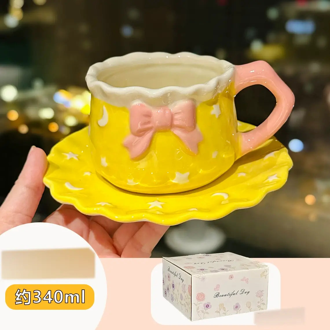 Kawaii Bow Ceramic Cup & Saucer SetCute Pastel Coffee & Tea Mug Star & Moon Design SparkelsSparkels
