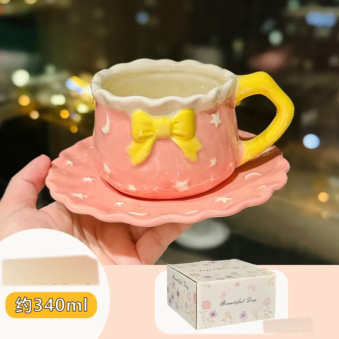 Kawaii Bow Ceramic Cup & Saucer SetCute Pastel Coffee & Tea Mug Star & Moon Design SparkelsSparkels