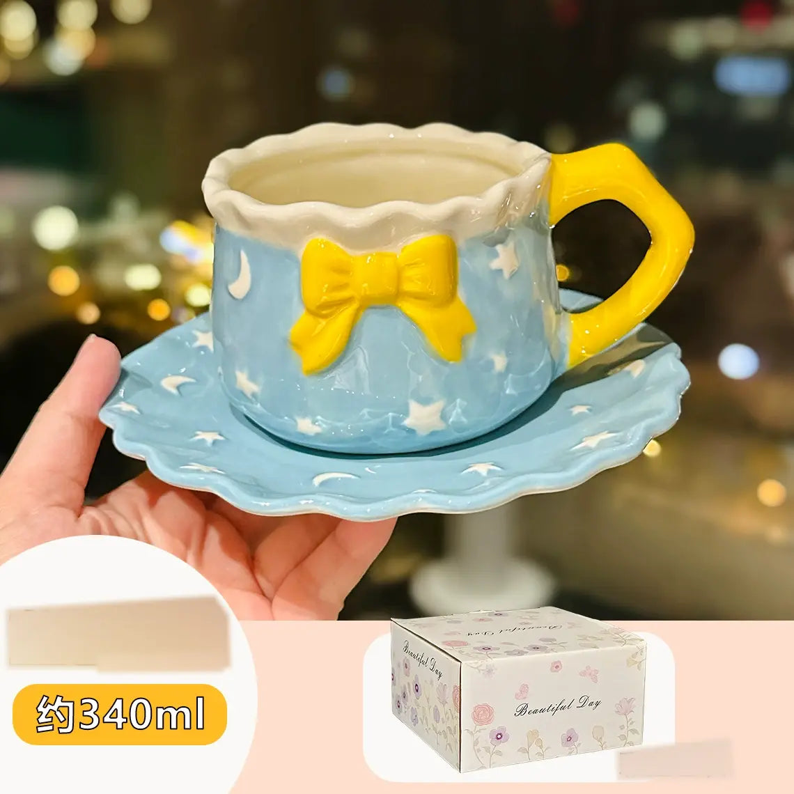Kawaii Bow Ceramic Cup & Saucer SetCute Pastel Coffee & Tea Mug Star & Moon Design SparkelsSparkels