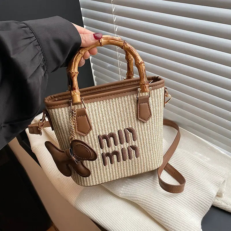 Vintage Woven Bamboo Handle Tote Bag for Women Casual Crossbody Shoulder Handbag with Charm SparkelsSparkels