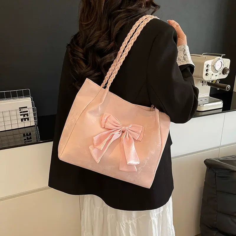 Velvet Bow Tote Shoulder Bag Cute Korean Aesthetic Handbag Soft Girls Shoulder Purse SparkelsSparkels