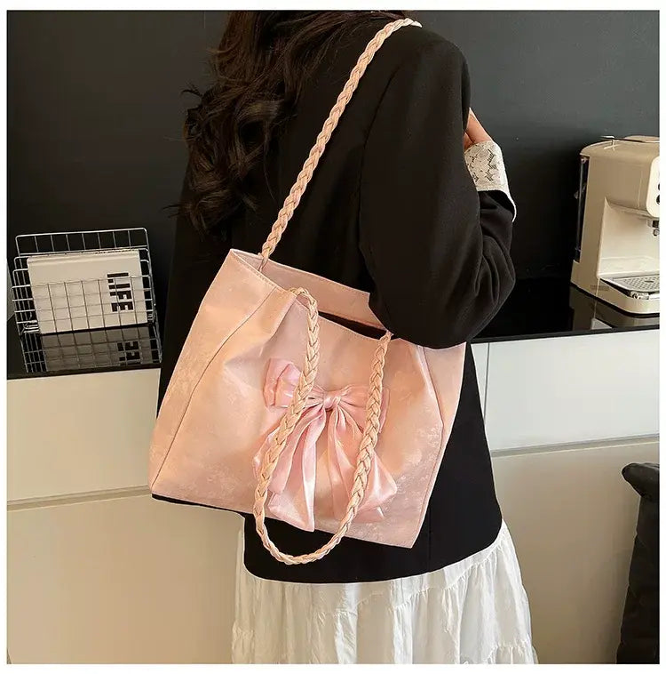 Velvet Bow Tote Shoulder Bag Cute Korean Aesthetic Handbag Soft Girls Shoulder Purse SparkelsSparkels