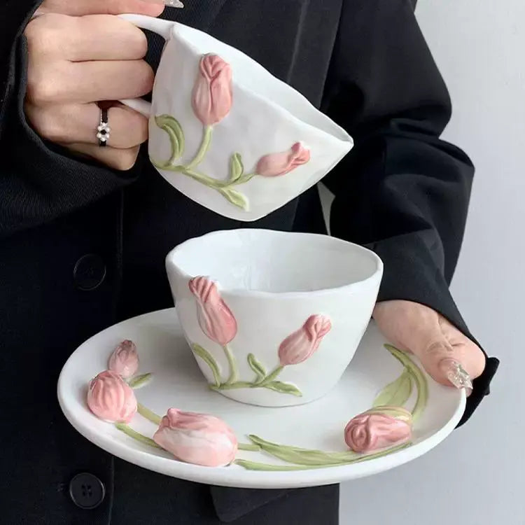 Handmade Tulip Ceramic Cup & Saucer Set 3D Relief Flower Coffee & Tea Cup with Plate SparkelsSparkels