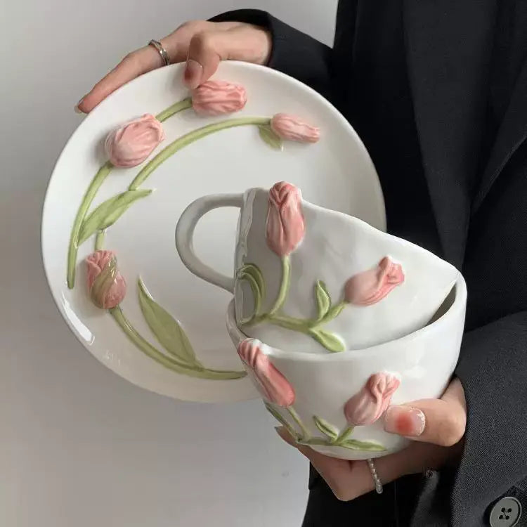 Handmade Tulip Ceramic Cup & Saucer Set 3D Relief Flower Coffee & Tea Cup with Plate SparkelsSparkels