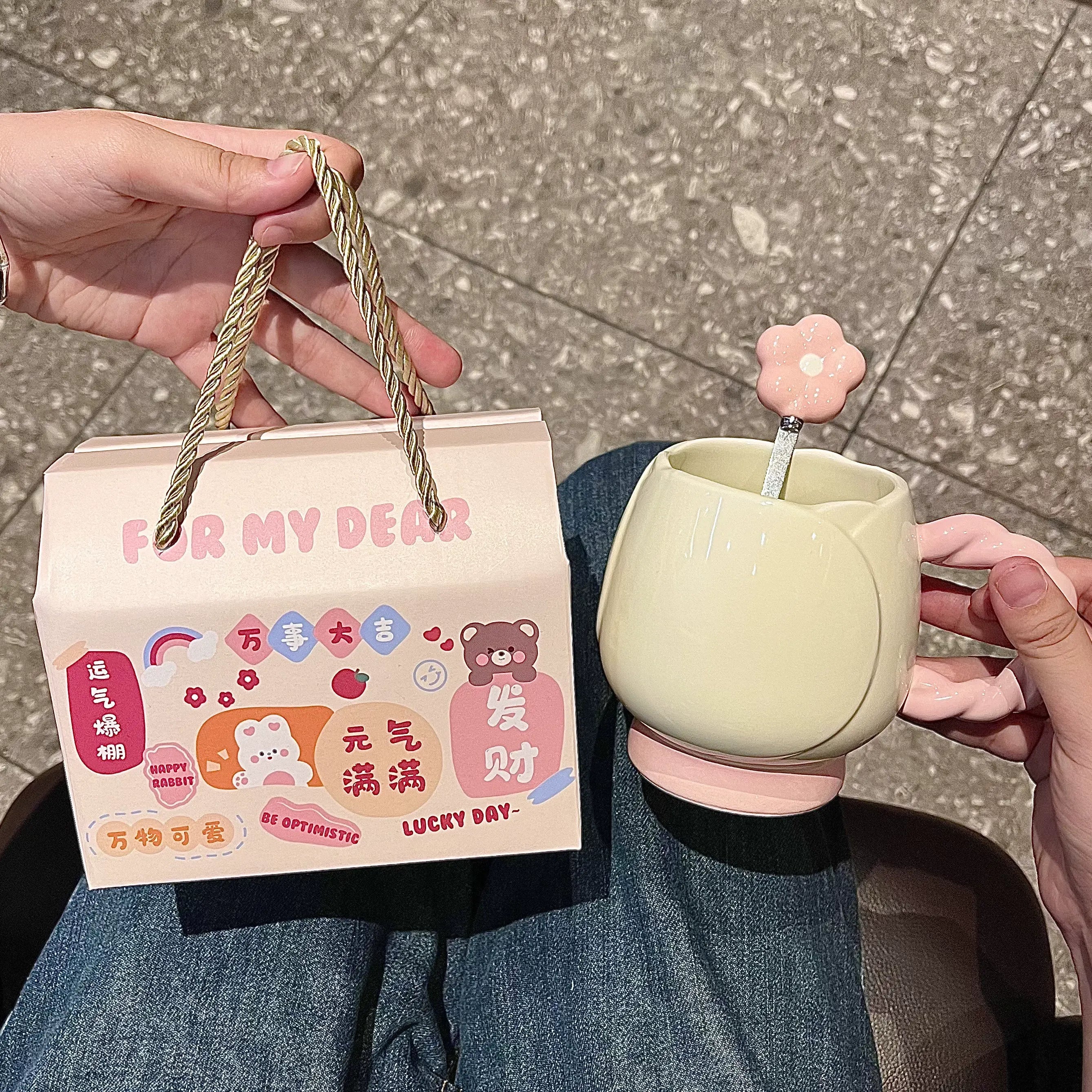 Cute Flower Handle Ceramic Mug Gift Set Kawaii Coffee & Tea Cup with Spoon and Gift Box SparkelsSparkels