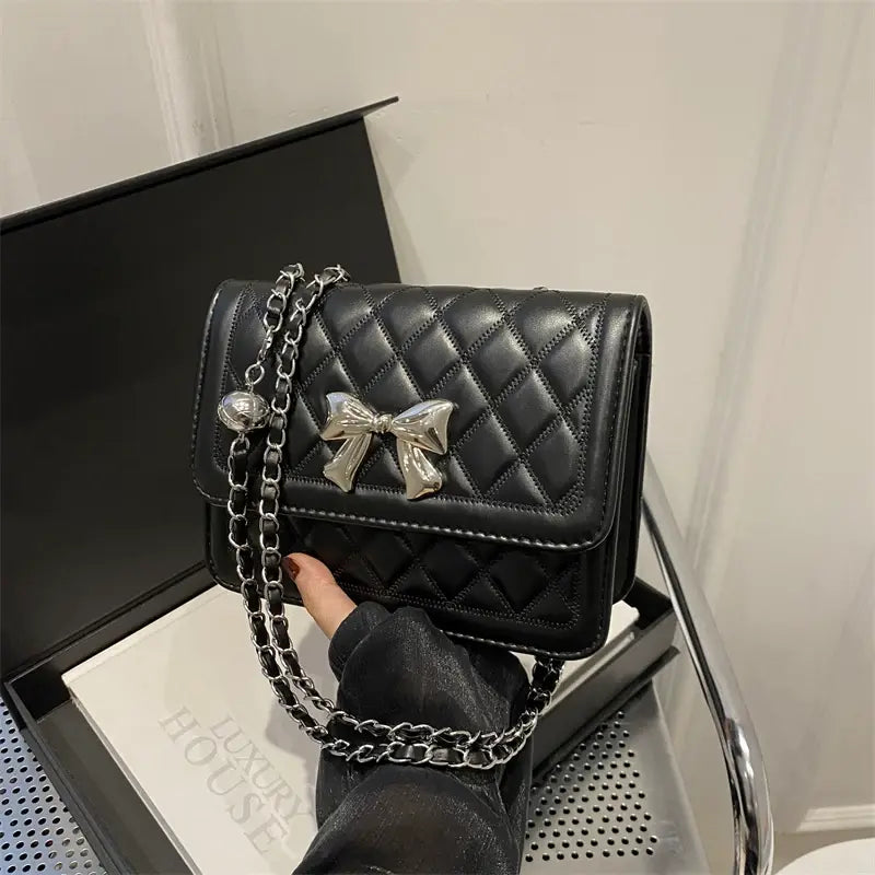 Elegant Quilted Bow Crossbody Bag for Women Chic Shoulder Handbag with Chain Strap SparkelsSparkels