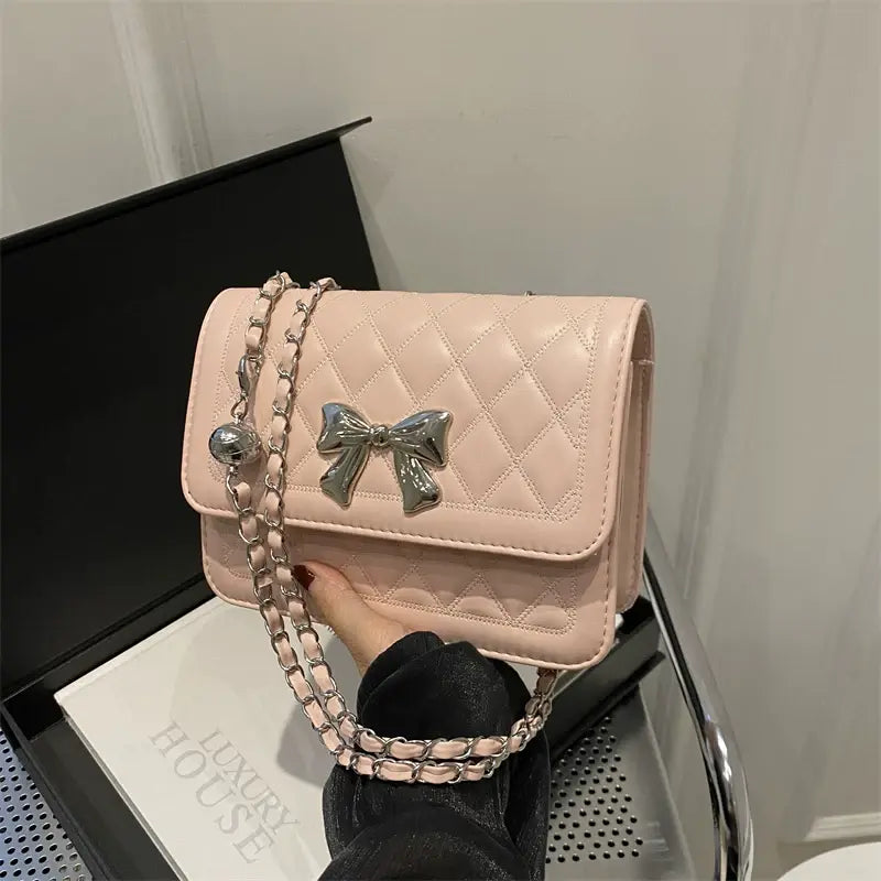 Elegant Quilted Bow Crossbody Bag for Women Chic Shoulder Handbag with Chain Strap SparkelsSparkels