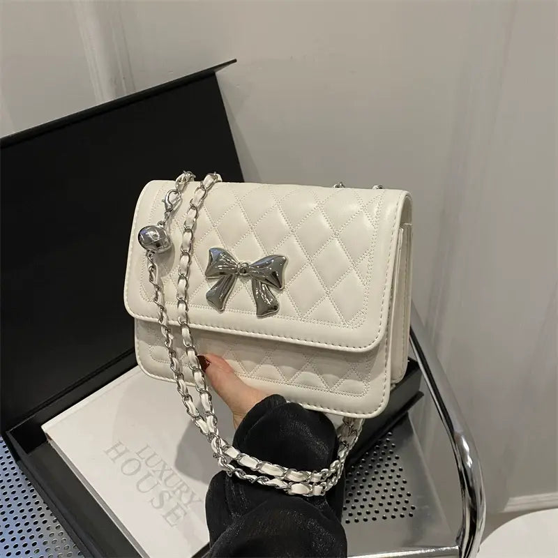 Elegant Quilted Bow Crossbody Bag for Women Chic Shoulder Handbag with Chain Strap SparkelsSparkels