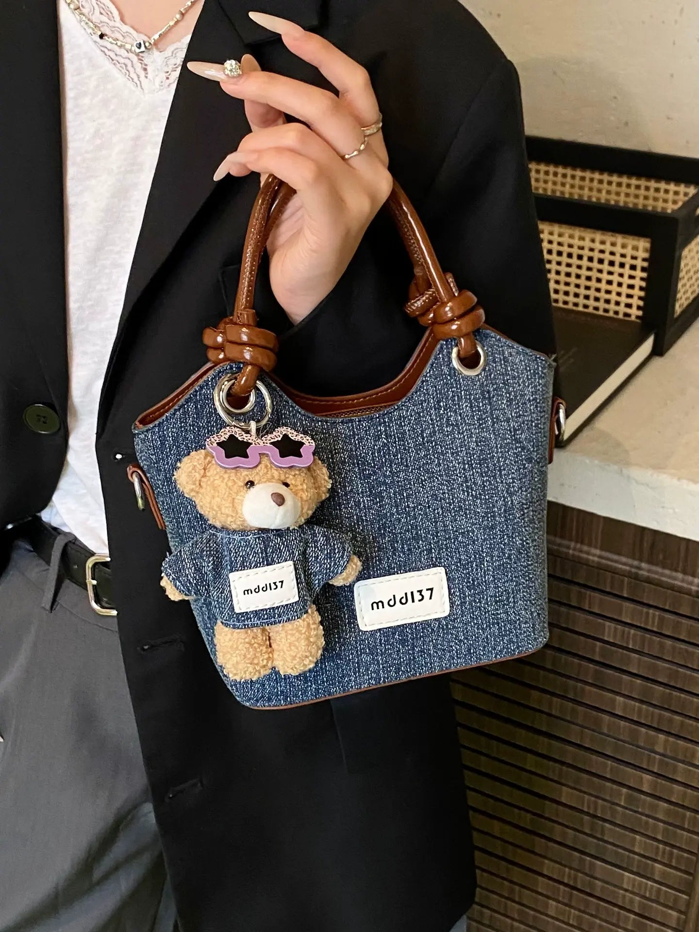 Cute Denim Teddy Bear Handbag Mini Crossbody Tote Bag for Women & Girls SparkelsSparkels