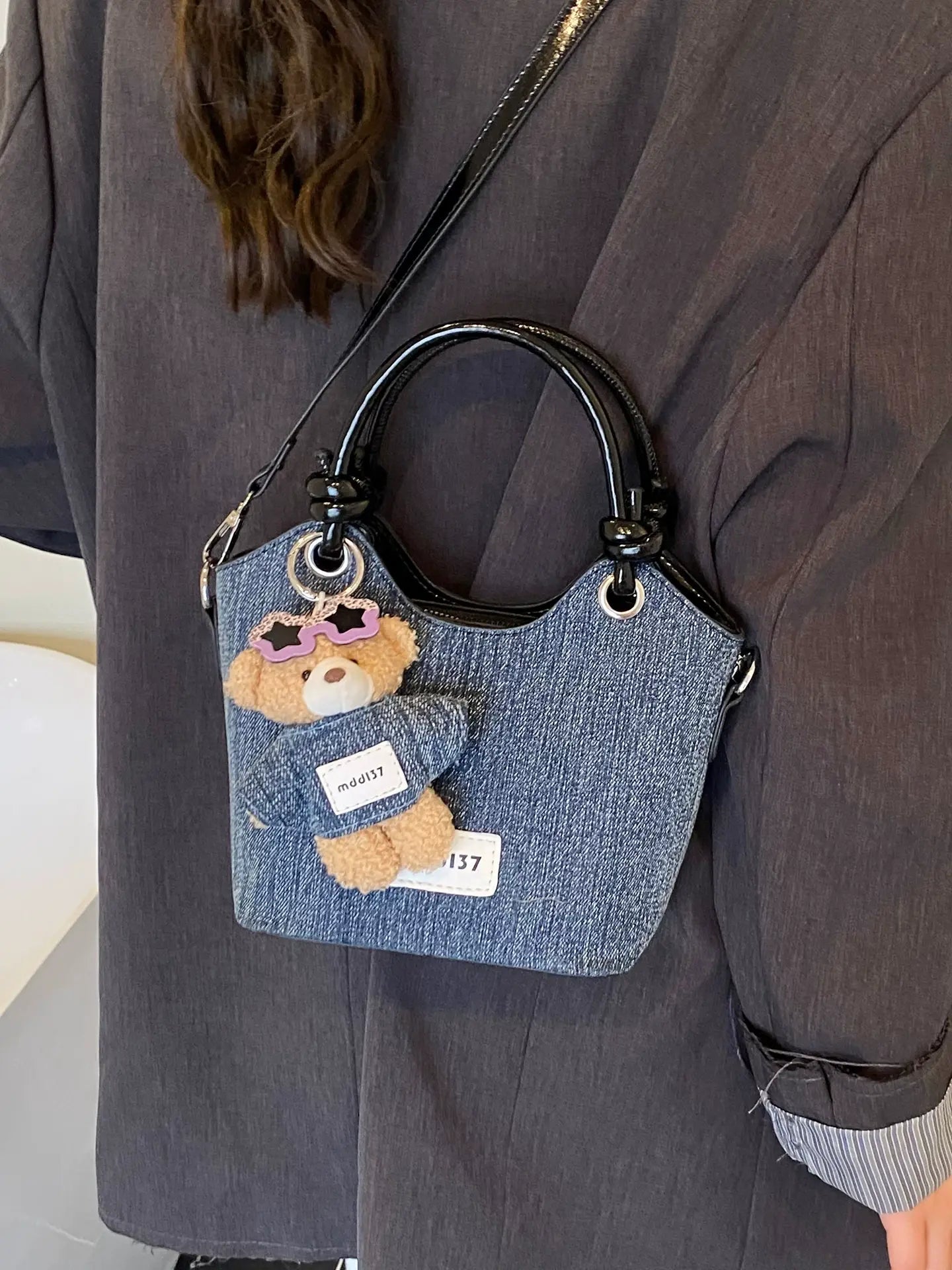 Cute Denim Teddy Bear Handbag Mini Crossbody Tote Bag for Women & Girls SparkelsSparkels