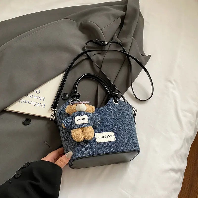 Cute Denim Teddy Bear Handbag Mini Crossbody Tote Bag for Women & Girls SparkelsSparkels