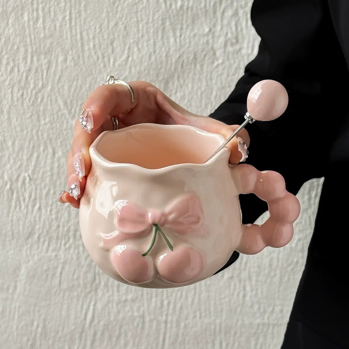 Kawaii Peach Bow Ceramic Mug with Beaded Handle Cute Pastel Coffee & Tea Cup SparkelsSparkels