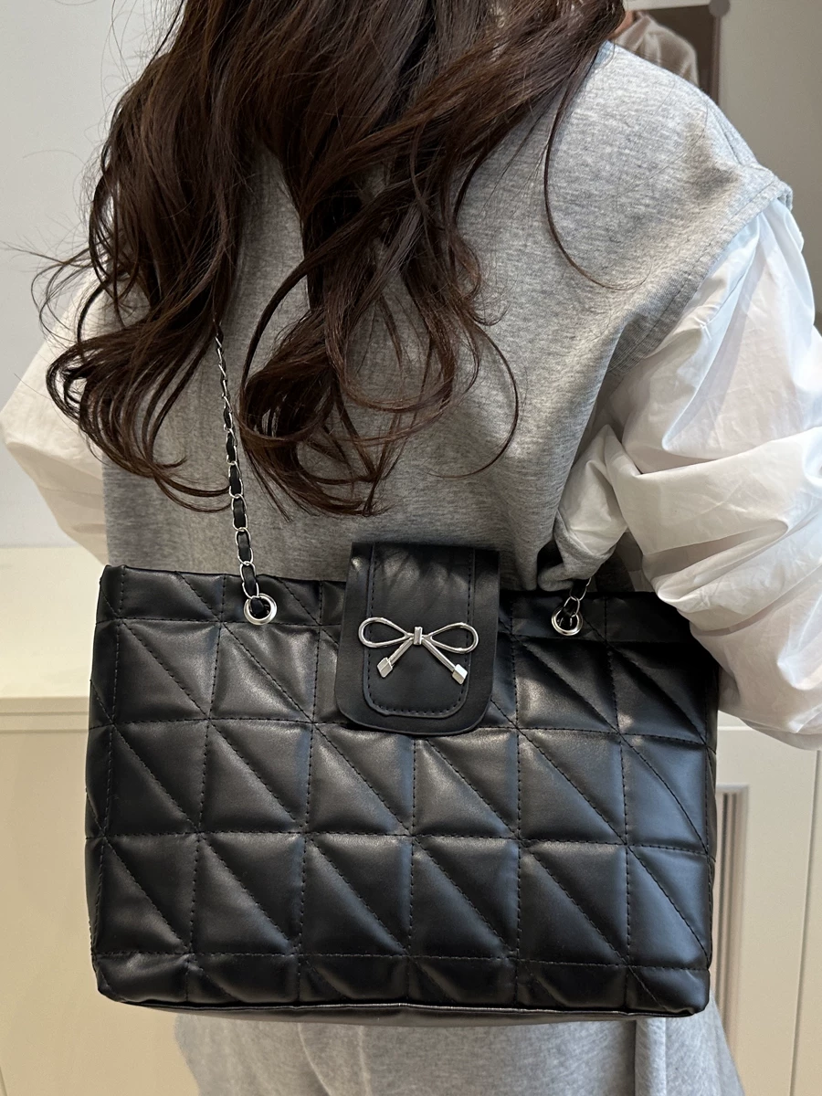Quilted Bow Chain Shoulder Bag for Women Elegant PU Leather Tote & Crossbody Handbag SparkelsSparkels