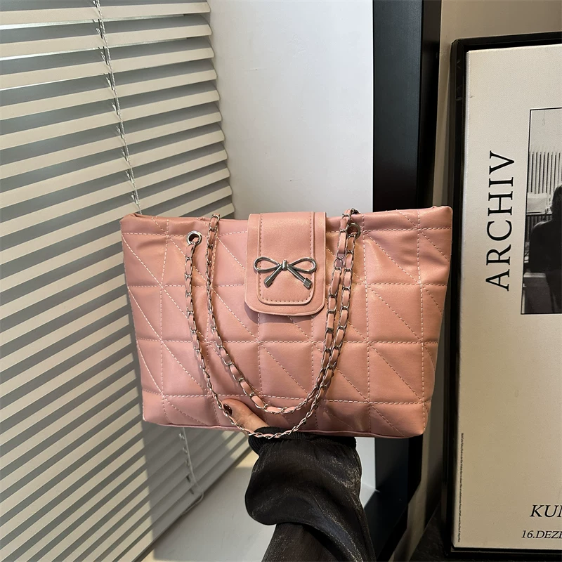 Quilted Bow Chain Shoulder Bag for Women Elegant PU Leather Tote & Crossbody Handbag SparkelsSparkels