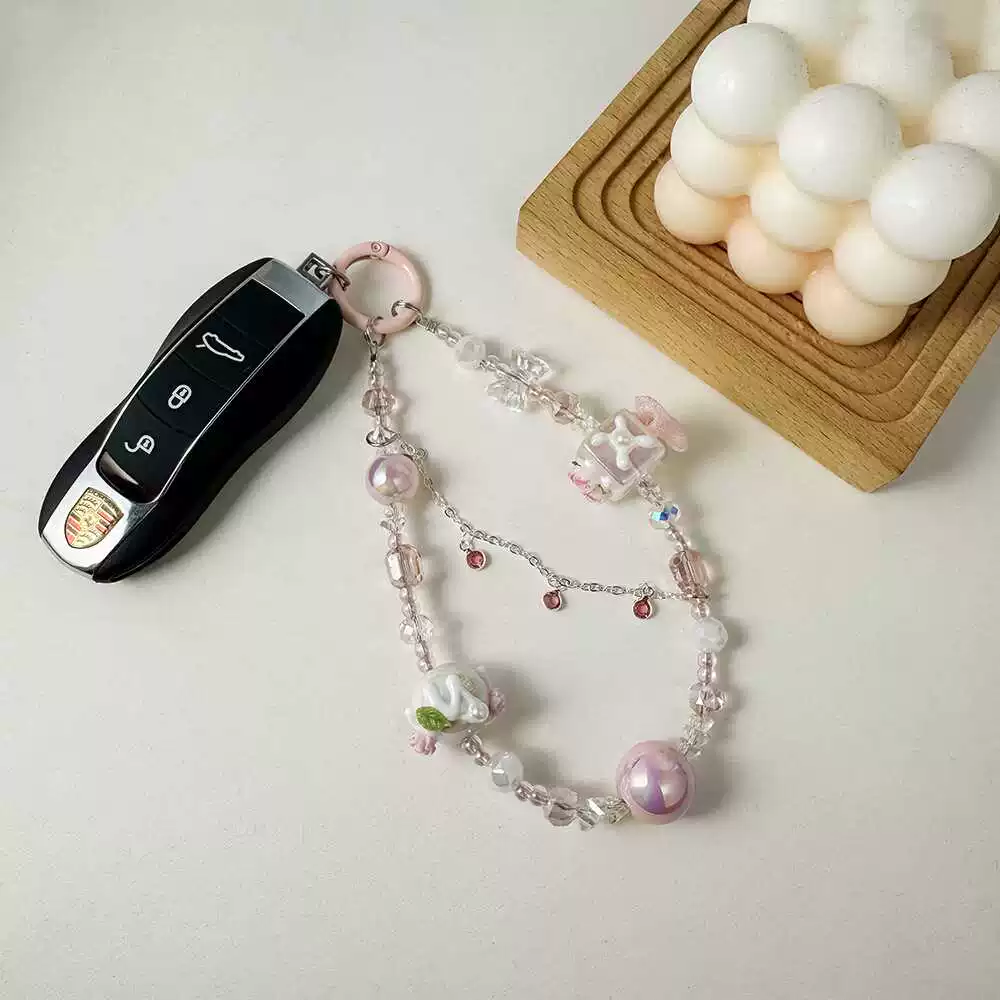 Vintage Crystal Beaded Flower Charm Keychain Aesthetic Pearl & Glass Bead Bag Chain