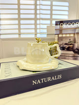 Luxury Melted Style Ceramic Coffee Cup & Saucer Set with Gold Spoon Minimal Aesthetic Mug